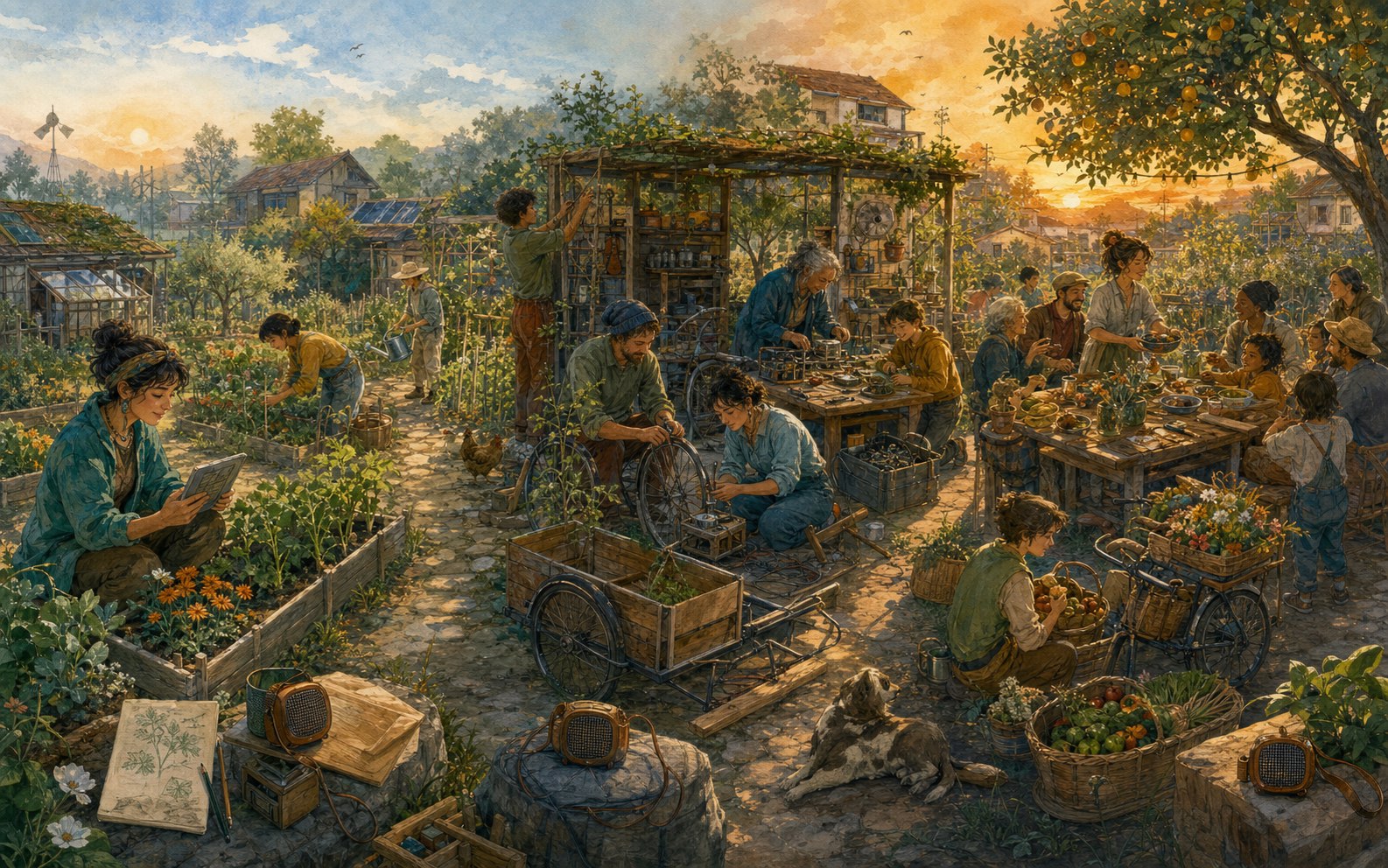 Neighbors gardening, repairing bikes and reused electronics, moving food by cargo bike, and sharing an evening meal beneath fruit trees