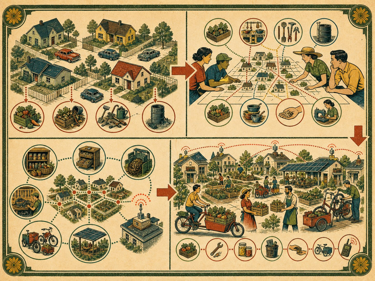 A visual sequence showing isolated houses mapping their capacity and becoming a peer-to-peer food, tool, water, and radio commons