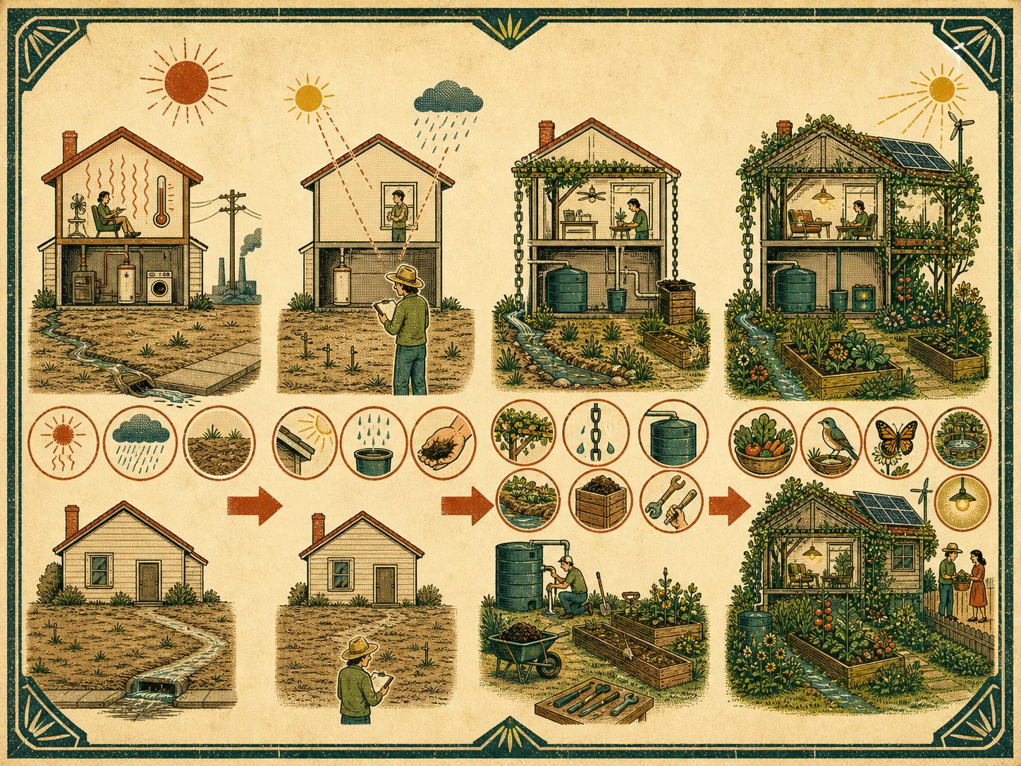 A visual sequence showing a hot conventional house becoming a shaded, water-harvesting edible garden home